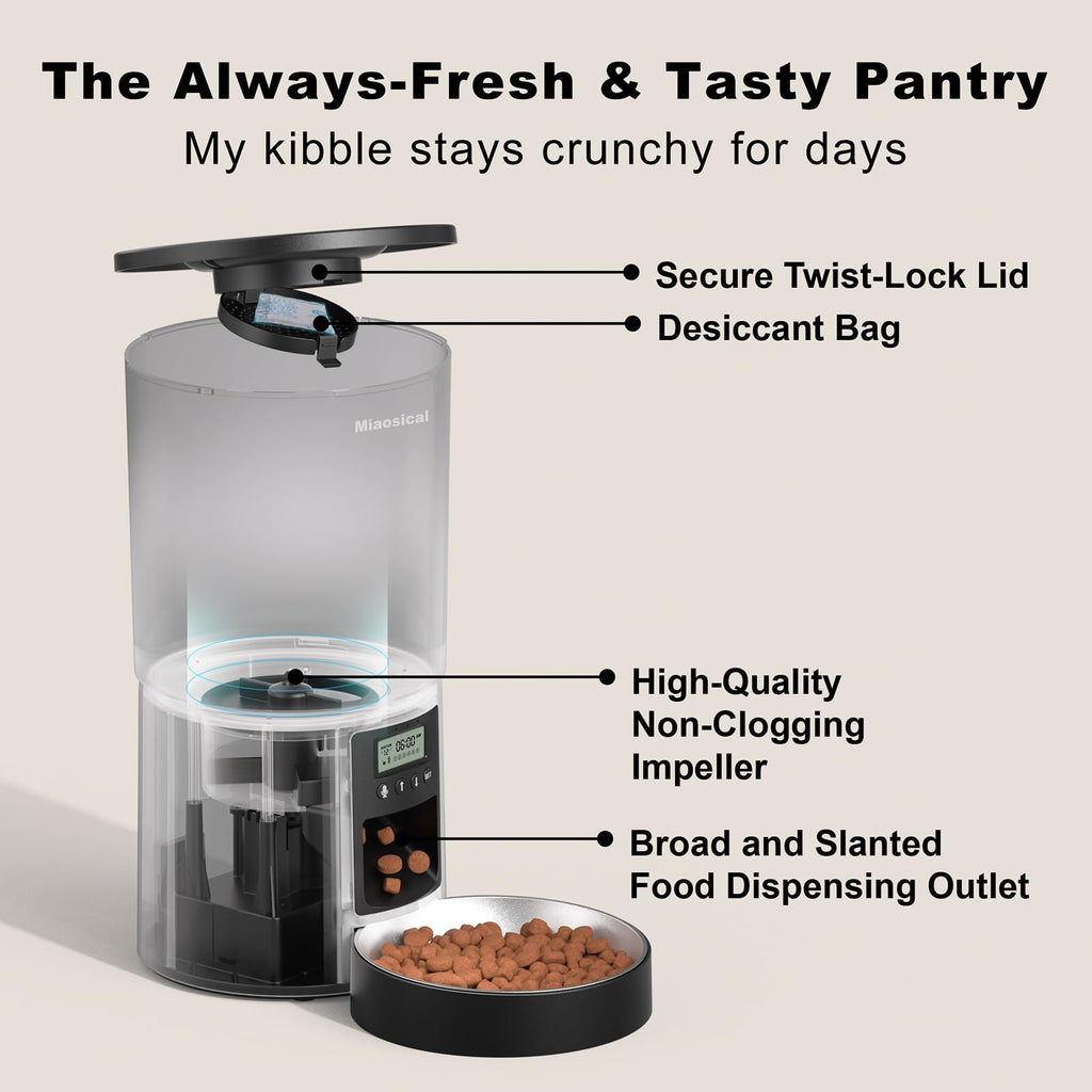 Automated Cat Feeder,Clear 4.2L Dry Food Dispenser with Single Bowl,Programmable Timed Pet Feeder for Up to 6 Daily Meals,10-Second Voice Message & Dual Power Backup (Black, 4.2L Press Version)