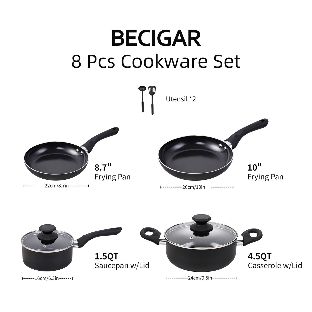 BECIGAR 8 Pcs Ceramic Pots and Pans Set