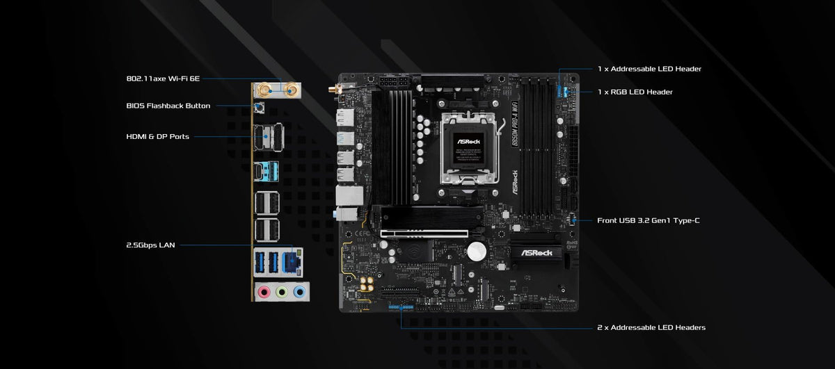 ASRock AMD B850M Pro A WiFi 6E Socket AM5 Ryzen 9000/8000/7000 Series DDR5 8000+ (OC) MHz 256GB Micro ATX Motherboard M.2 SATA3 6.0 Gb/s PCIe 5.0 BIOS Flashback 2.5G LAN