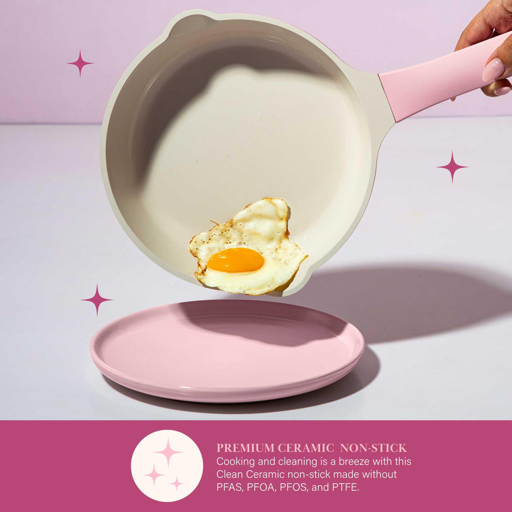 Paris Hilton Ceramic Nonstick Pots and Pans, Cookware Set, Cast Aluminum With Dual Layer Non Stick Coating, Made Without PFAS PFOA PFOS And PTFE, Dishwasher Safe, 10-Piece, Pink