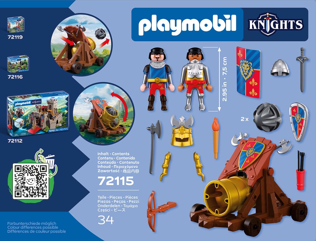 Playmobil | Knights | Lion Knights with Battle Cannon | Cannon with 2 Knights and Firing Function | Knights Toy for Children Aged 4+ | 72115
