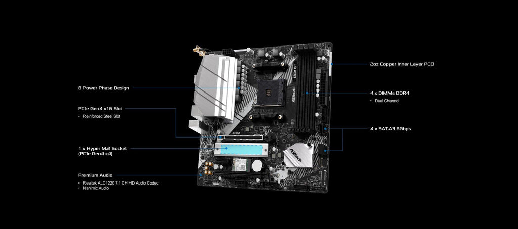 ASRock B550M WiFi Micro-ATX Motherboard, AMD Ryzen 3000-5000 Series Socket AM4, DDR4 4733+, PCIe 4.0