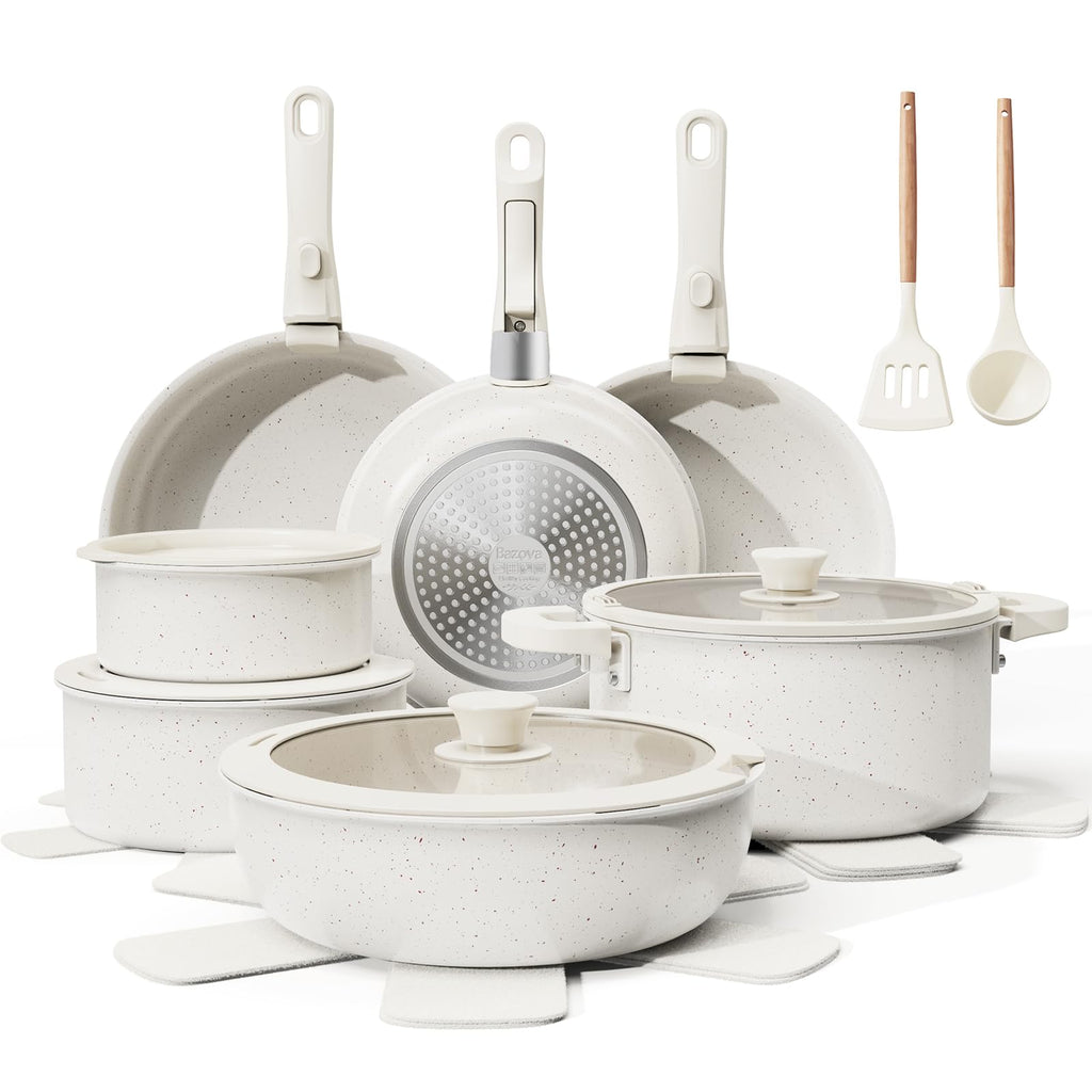 Bazova 22-Piece Pots and Pans Set Non Stick with Removable Handles, Ceramic Cookware Set, Large-Capacity & Non Toxic, Induction & RV Compatible, Dishwasher Safe, PFAS/PTFE/PFOA Free, White