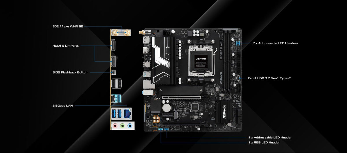 ASRock B850M-X WiFi R2.0 AM5 Micro-ATX Motherboard: Supports AMD Ryzen 9000/8000/7000 CPUs, DDR5 8200+ (OC), PCIe 5.0, Wi-Fi 6E, 2.5G LAN, USB-C, BIOS Flashback