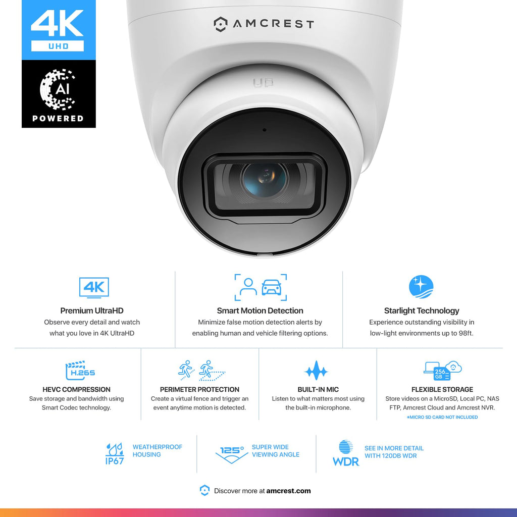 Amcrest UltraHD 4K (8MP) Outdoor Security IP Turret PoE Camera, 3840x2160, 98ft NightVision, 125° FOV, IP67 Weatherproof, MicroSD Recording (256GB), IP8M-T2599EW-AI-V3 (White)