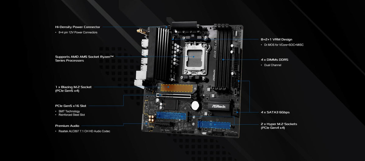 ASRock AMD B850M Pro A WiFi 6E Socket AM5 Ryzen 9000/8000/7000 Series DDR5 8000+ (OC) MHz 256GB Micro ATX Motherboard M.2 SATA3 6.0 Gb/s PCIe 5.0 BIOS Flashback 2.5G LAN