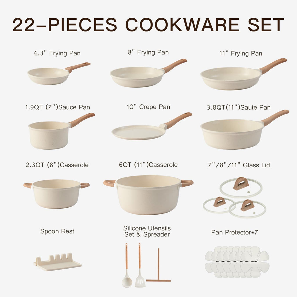 USELUCK 22-Piece Ceramic Cookware Set with Utensils, Pots and Pans Set