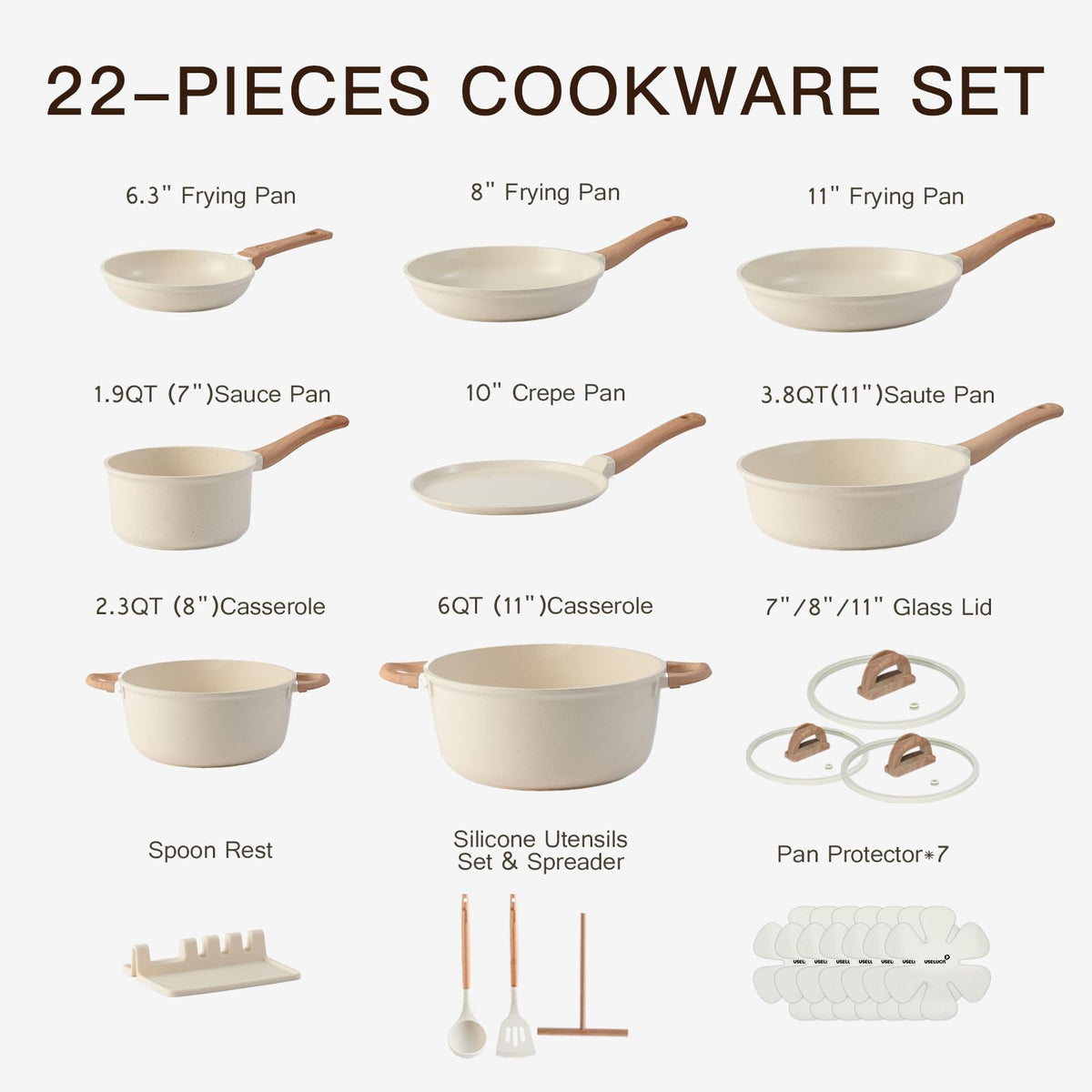 USELUCK 22-Piece Ceramic Cookware Set with Utensils, Pots and Pans Set