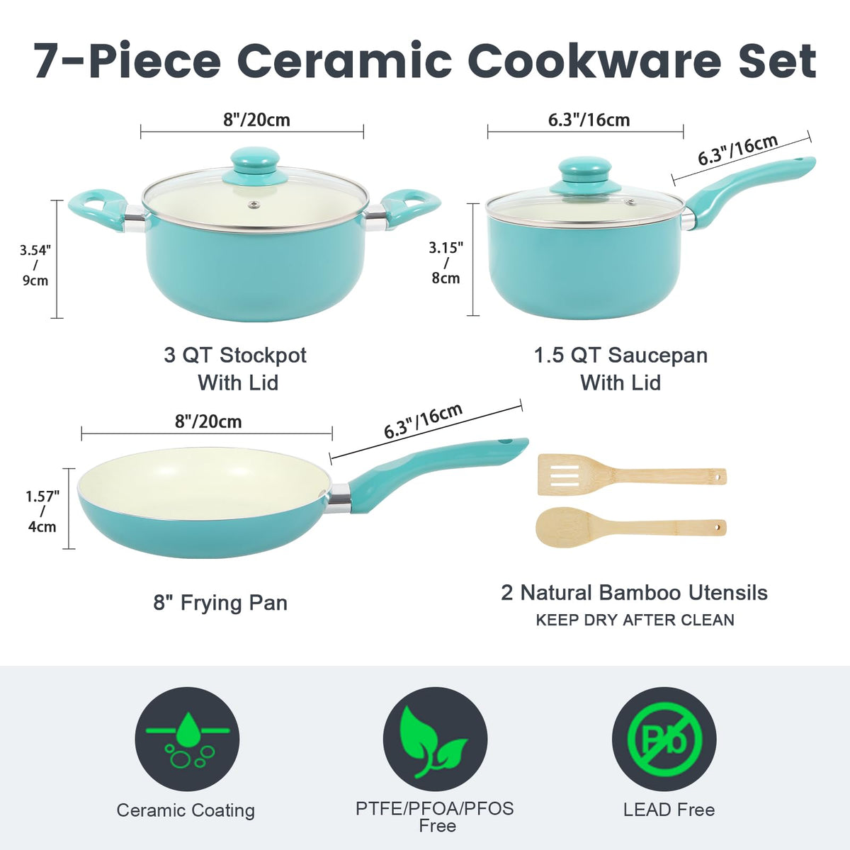 M MELENTA Pots and Pans Set 7 piece, Non Stick Teal Ceramic Cookware Set