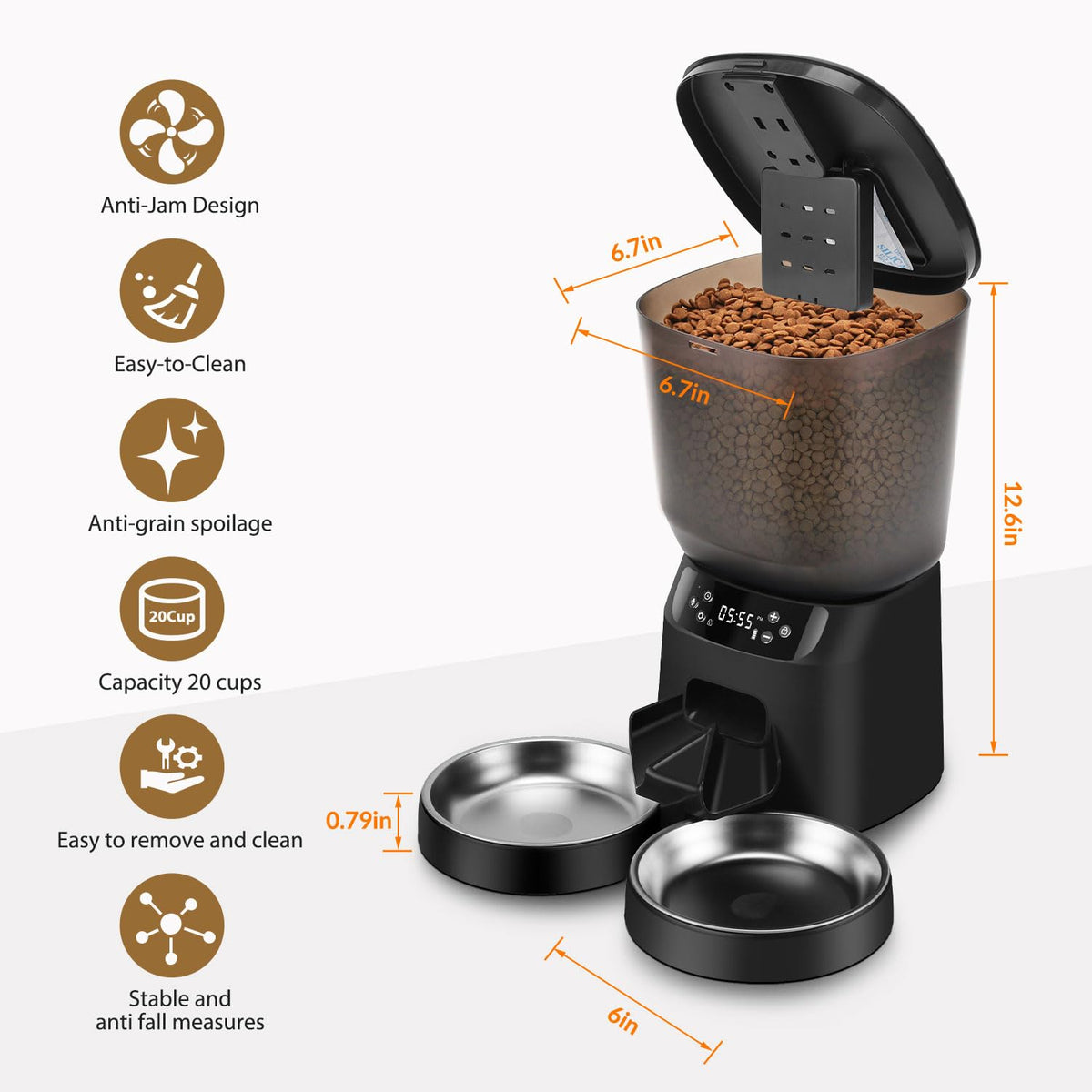 Automatic Cat Feeders for Two Cats, 5L/20 Cups Double Automatic Cat Food Dispenser with 2 Stainless Bowls, Timer Setting 20 Portions 6 Meals Per Day, 10s Meal Call (Black)