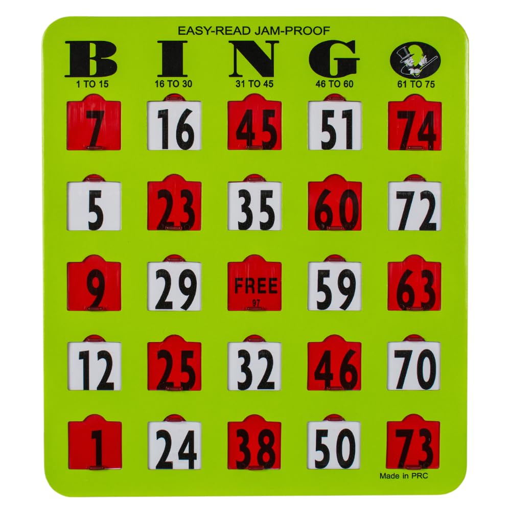 MR CHIPS Jam-Proof Easy-Read Large Print Fingertip Bingo Cards with Sliding Windows - Green 10 Pack - for Seniors, Nursing Homes & Large Groups