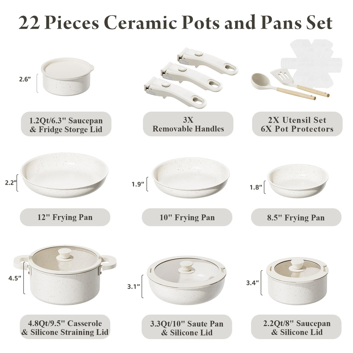 Bazova 22-Piece Pots and Pans Set Non Stick with Removable Handles, Ceramic Cookware Set, Large-Capacity & Non Toxic, Induction & RV Compatible, Dishwasher Safe, PFAS/PTFE/PFOA Free, White