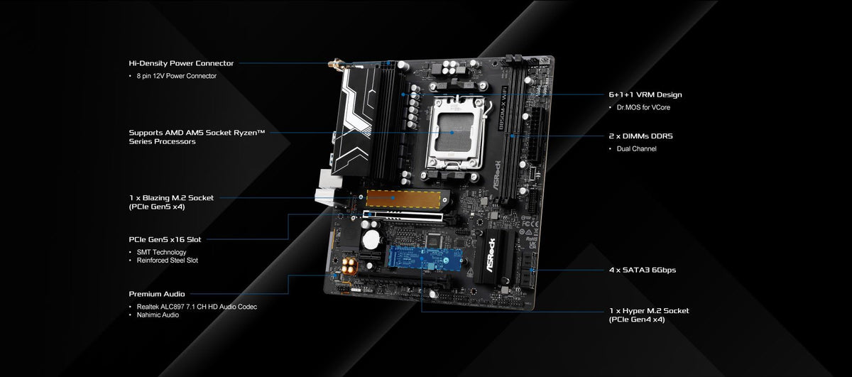 ASRock B850M-X WiFi R2.0 AM5 Micro-ATX Motherboard: Supports AMD Ryzen 9000/8000/7000 CPUs, DDR5 8200+ (OC), PCIe 5.0, Wi-Fi 6E, 2.5G LAN, USB-C, BIOS Flashback