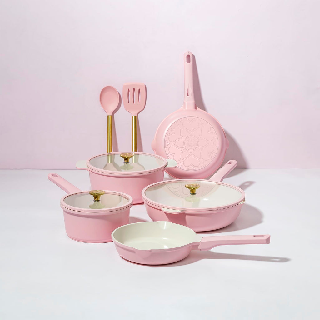 Paris Hilton Ceramic Nonstick Pots and Pans, Cookware Set, Cast Aluminum With Dual Layer Non Stick Coating, Made Without PFAS PFOA PFOS And PTFE, Dishwasher Safe, 10-Piece, Pink