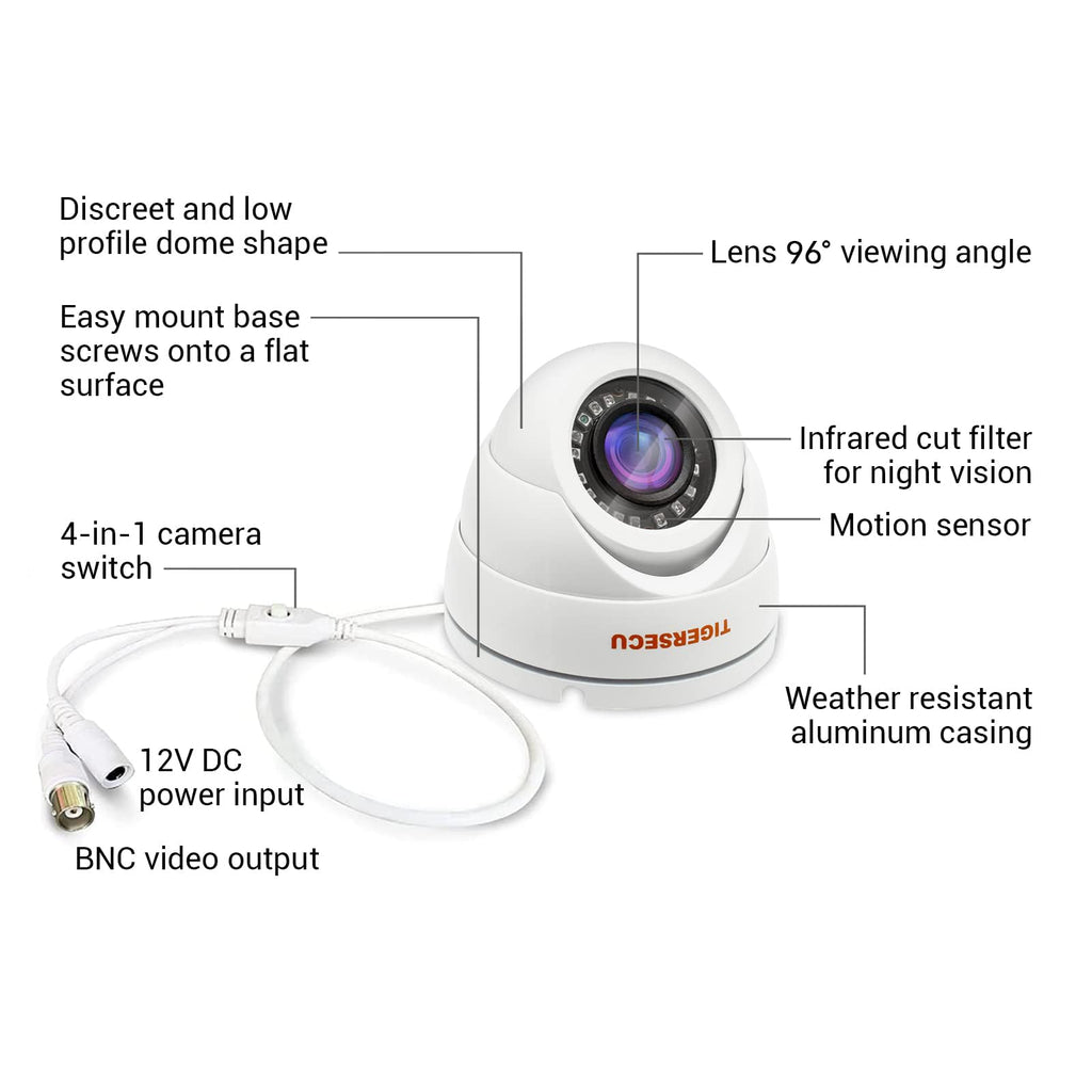 TIGERSECU 1080P Metal Wide Angle Dome Security Camera for DVR, Weatheproof for Indoor/Outdoor Use, Hybrid 4-in-1 OSD Switch for TVI/CVI/AHD/CVBS DVRs (Power Supply and Coaxial Cable Sold Separately)