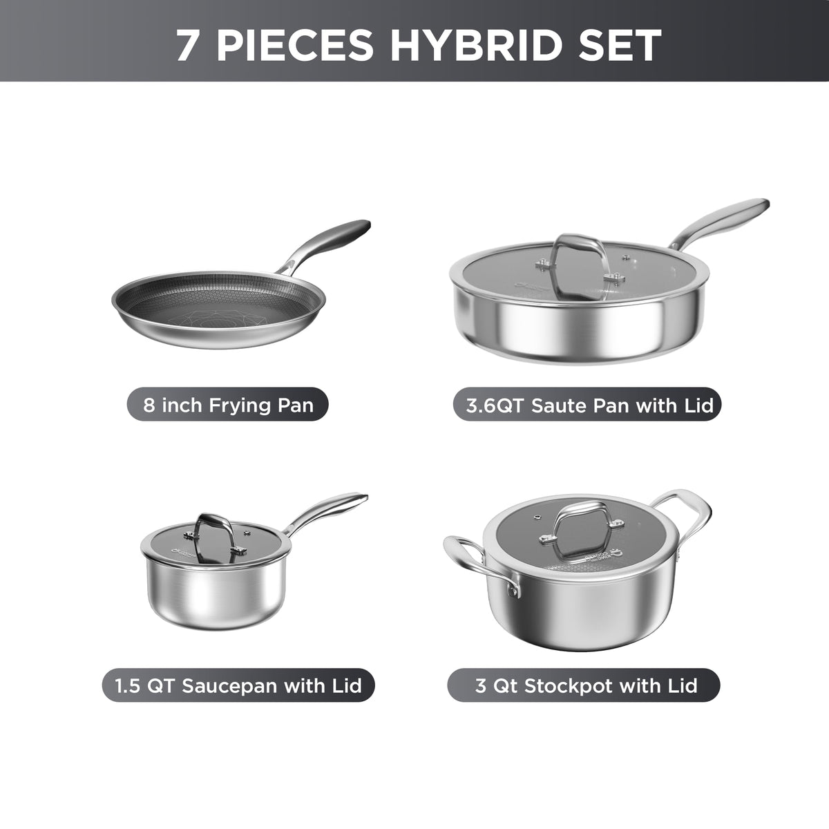COOKER KING 7pcs Stainless Steel Cookware Set, Hybrid Pots and Pans Set
