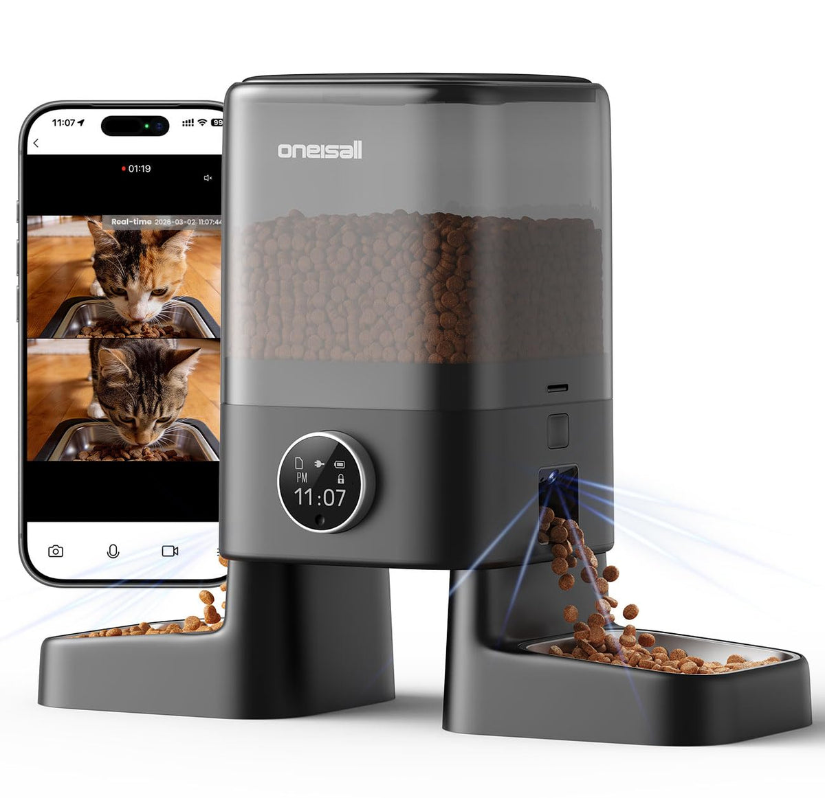 oneisall Automatic Cat Feeder with Camera for 2 Cats Pets, 20 Cups/5L
