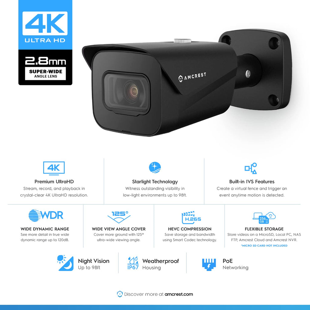 Amcrest UltraHD 4K (8MP) Outdoor Bullet Security IP POE Camera, 98ft NightVision, 2.8mm Lens, IP67 Weatherproof, 256GB MicroSD Recording, Black (IP8M-2496EB-V2)