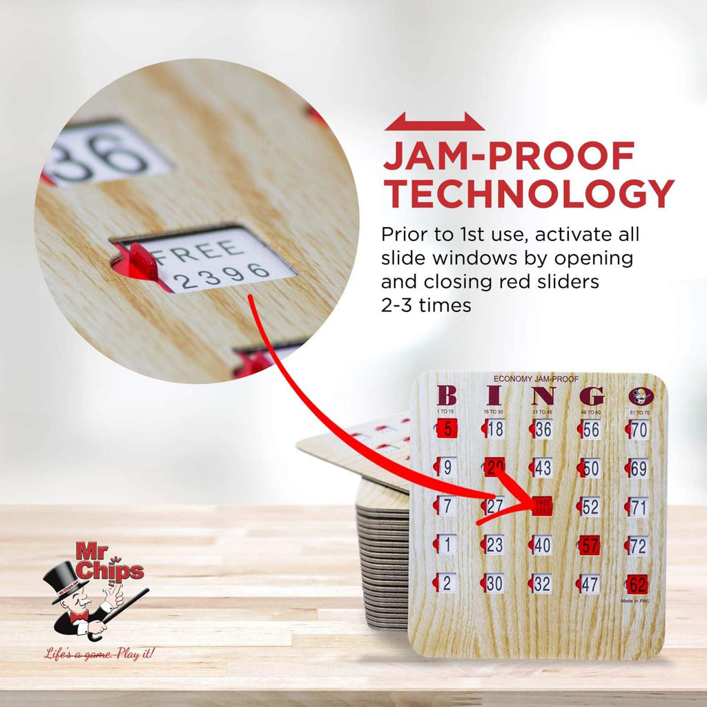 MR CHIPS Jam-Proof Bingo Cards with Sliding Windows, 50 Reusable Shutter Cards, 75 Calling Cards 1 Master Board in Tan Woodgrain Style