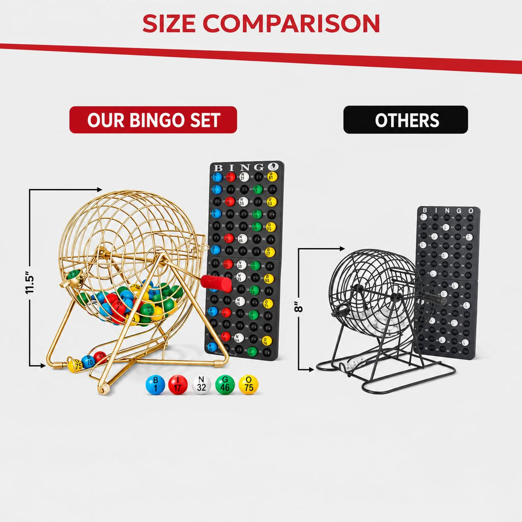 MR CHIPS 11" (Inch) Tall Professional Bingo Set with Steel Cage, Everlasting 7/8” Balls, Master Board for Balls - Luxury Gold Color