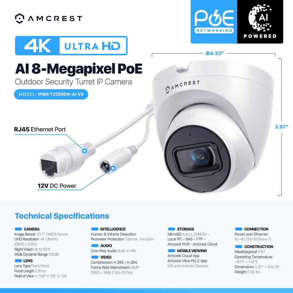 Amcrest UltraHD 4K (8MP) Outdoor Security IP Turret PoE Camera, 3840x2160, 98ft NightVision, 125° FOV, IP67 Weatherproof, MicroSD Recording (256GB), IP8M-T2599EW-AI-V3 (White)