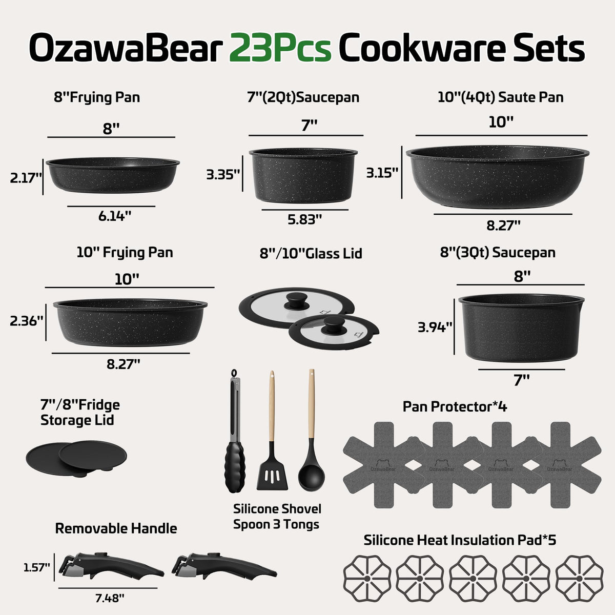 OzawaBear 23 Pcs Pots and Pans Set Non Stick, Ceramic Cookware Set Non Toxic with Detachable Handles, Healthy Induction Cookware Oven Safe RV Kitchen Set, PFAS PFOA & PTFE Free, Black