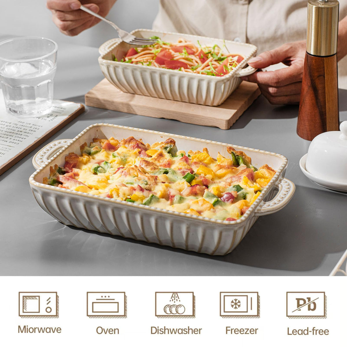 Feenmai Casserole Dish for Oven, Ceramic Baking Dishes Set, Vintage Hobnail Bakeware Sets of 3, Rectangular Baking Pan, Deep Lasagna Pan with Handle for Cake, Wedding Kitchen Gift, 13.77“/11.6"/8.85"