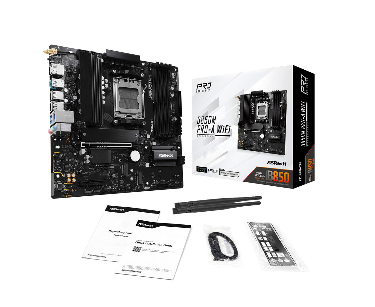 ASRock AMD B850M Pro A WiFi 6E Socket AM5 Ryzen 9000/8000/7000 Series DDR5 8000+ (OC) MHz 256GB Micro ATX Motherboard M.2 SATA3 6.0 Gb/s PCIe 5.0 BIOS Flashback 2.5G LAN