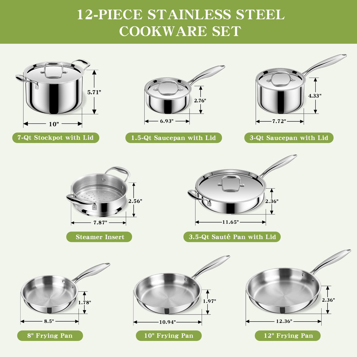 Triple Ply Stainless Steel Pots and Pans Set, EWFEN 12 Piece Induction Cookware Set, Oven Dishwasher Safe | Frying Pans, Saucepans, Saute Pan & Stock Pot, PFOA Free Kitchen Skillet
