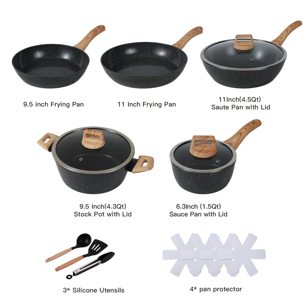 Ceramic Cookware Sets 15PCS Pots and Pans Set Non Stick (black15)