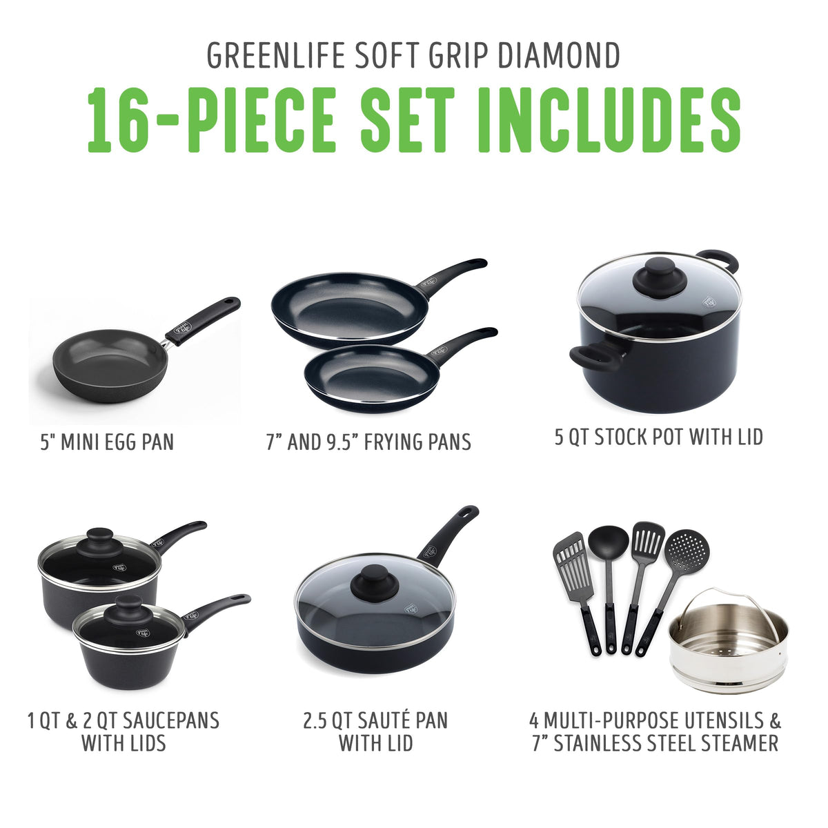 GreenLife 16 Piece Ceramic Nonstick Pots & Pans Cookware Set, Black
