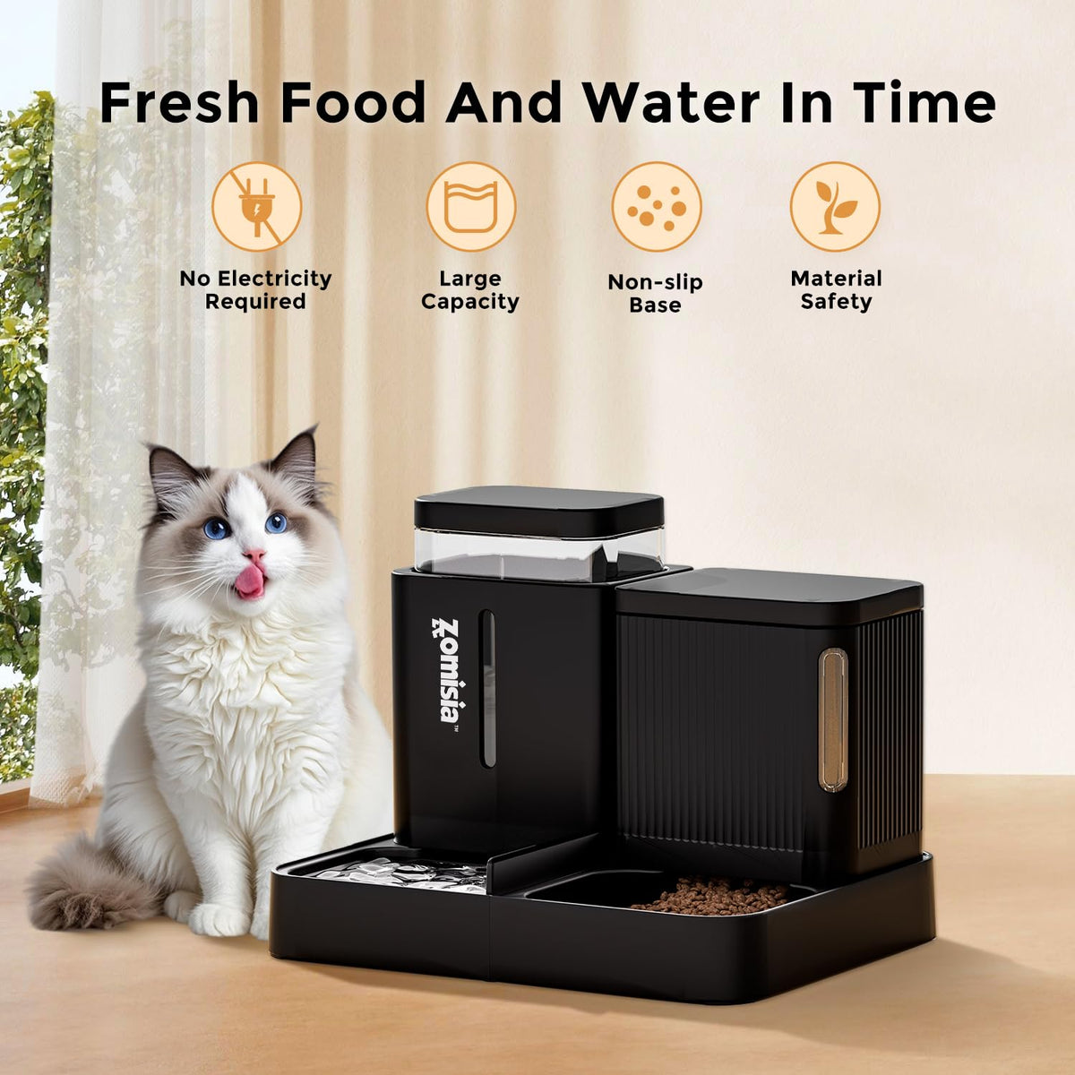 ZOMISIA Automatic Cat Feeder, Gravity Cat Food Dispenser, 0.8Gal x 2, Black