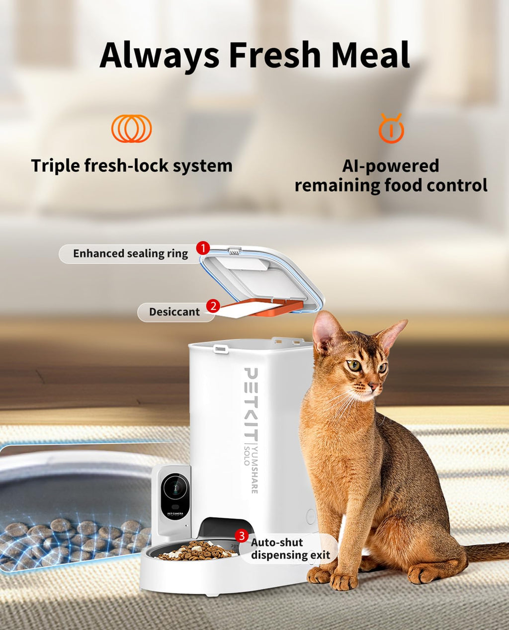 PETKIT Automatic Cat Feeder with Camera, 1080P HD Video with Night Vision, 2.4G WiFi Pet Feeder for Cat & Small Dog, 2-Way Audio & Meal Call Pet Food Dispenser with Desiccant Bag, Motion Capturing