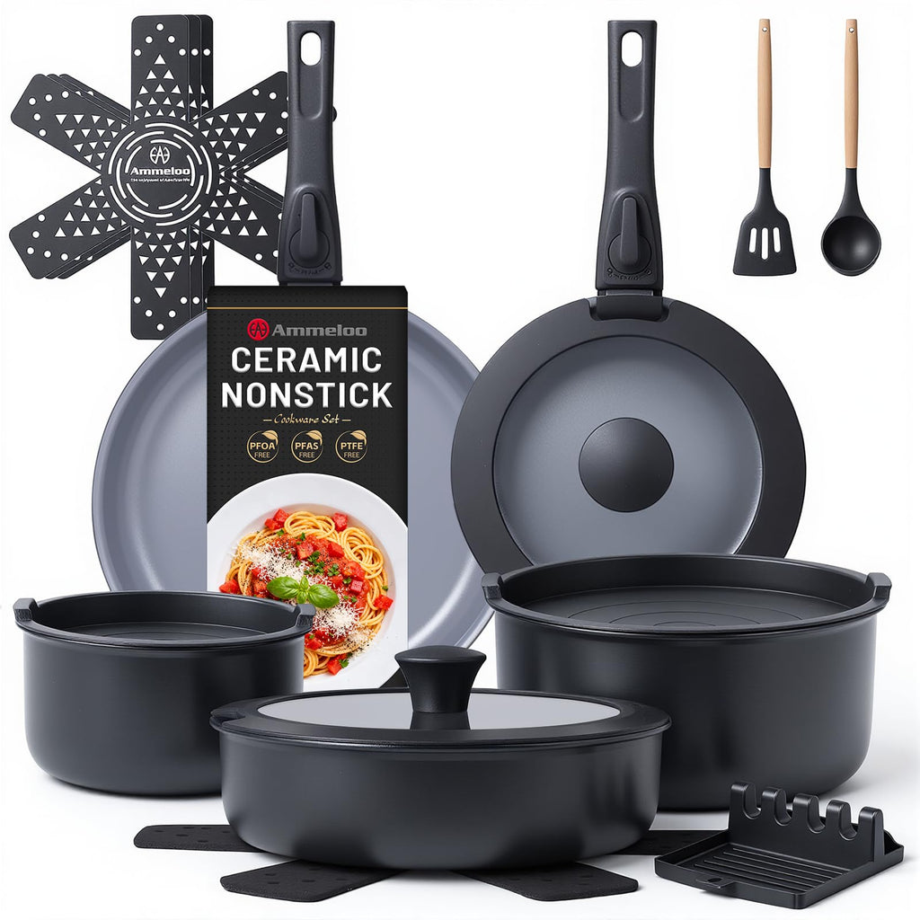 Ammeloo 18-Piece Ceramic Pots and Pans Set Non Stick, Non Toxic Cookware Set with Removable Handles, Pot Sets for Cooking, Induction Ready, Dishwasher & Oven Safe, PFAS PFOA & PTFE Free (Black)
