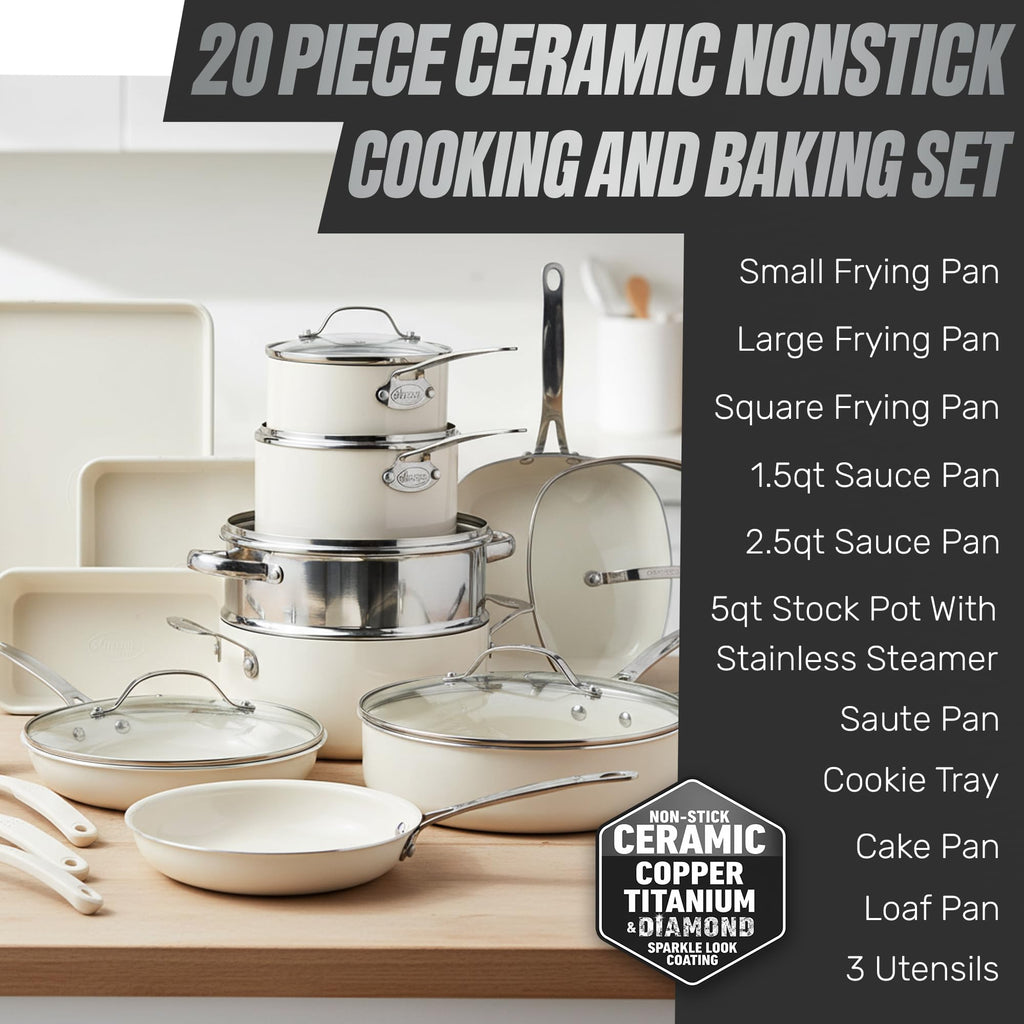 GOTHAM STEEL 20 Pc Ceramic Cookware Set, Diamond and Titanium Coated