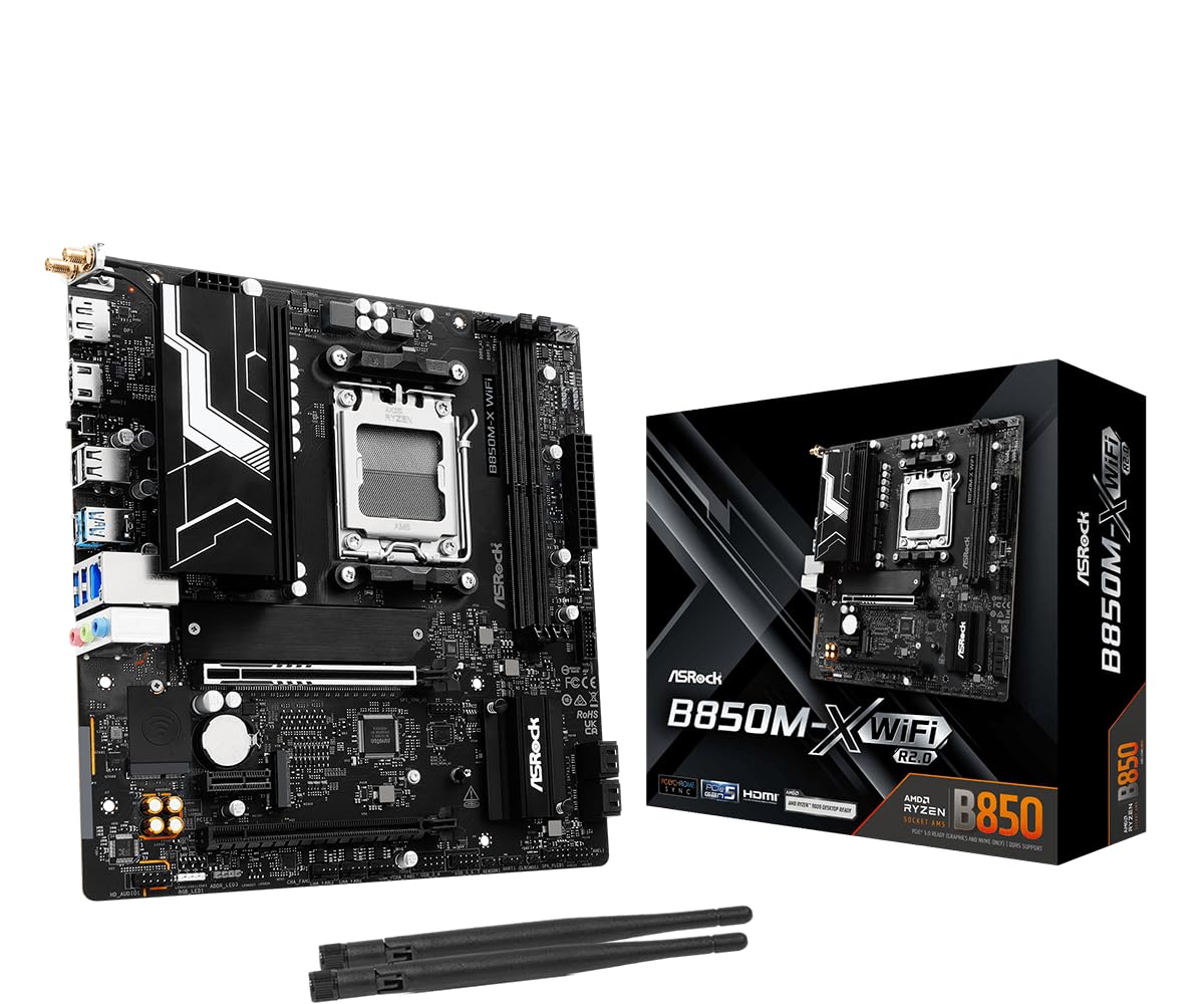 ASRock B850M-X WiFi R2.0 AM5 Micro-ATX Motherboard: Supports AMD Ryzen 9000/8000/7000 CPUs, DDR5 8200+ (OC), PCIe 5.0, Wi-Fi 6E, 2.5G LAN, USB-C, BIOS Flashback