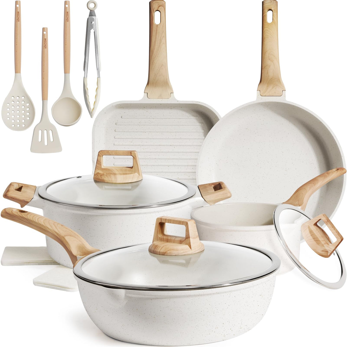 Kikcoin 16Pcs Ceramic Pots and Pans Set Non Stick, Includes a 9.5" Grill Pan, Induction Kitchen Cookware Sets, White Nonstick RV Kitchen Camping Cooking Sets Stackable (PTFE, PFOS, PFOA Free)