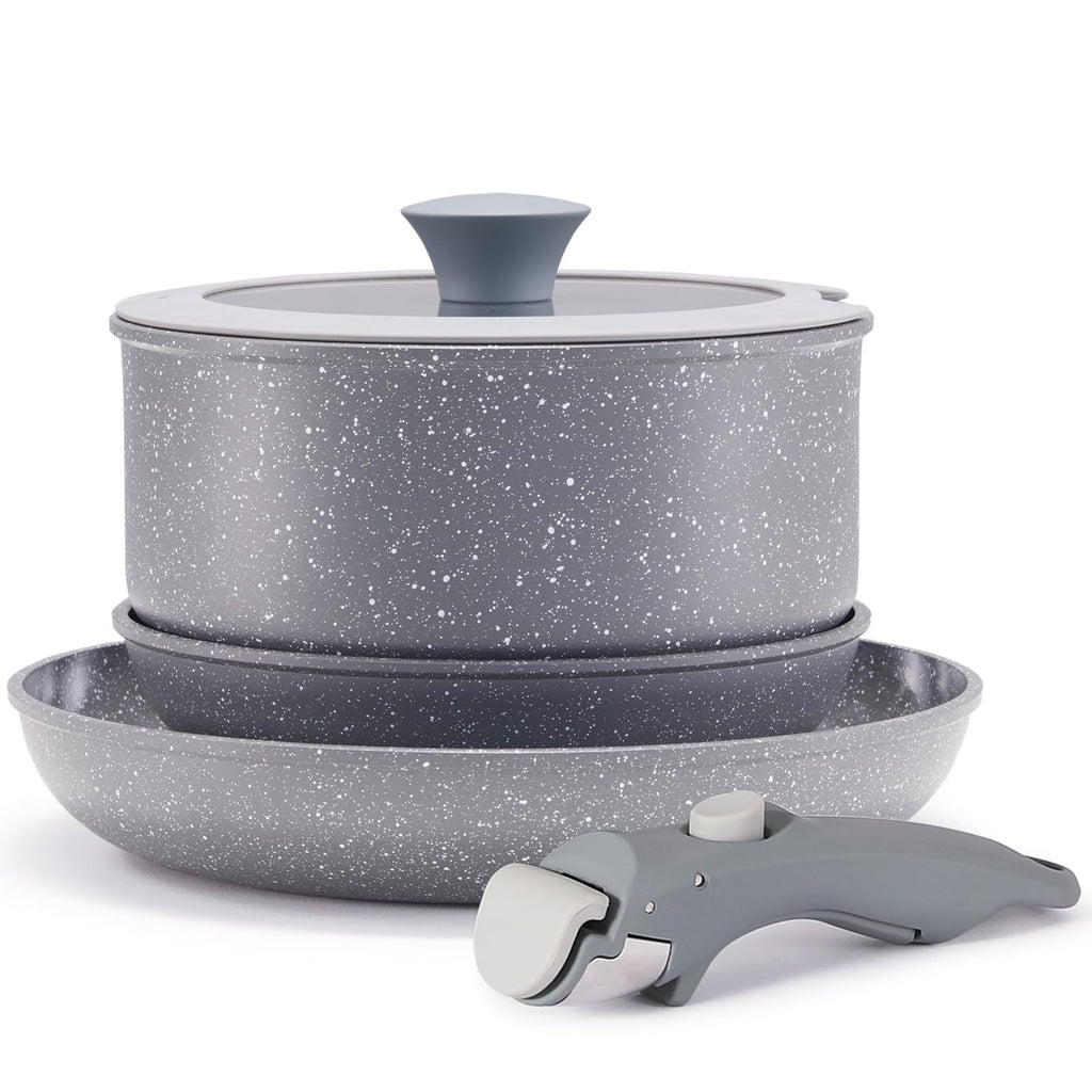 Vkoocy Gray Non Stick Pot and Pan Set with Removable Handle, Ceramic Cookware Set Detachable Handle, 5pcs Induction Kitchen Camping Stackable Pots Pans, Dishwasher/Oven Safe, PTFE/PFAS/PFOA Free