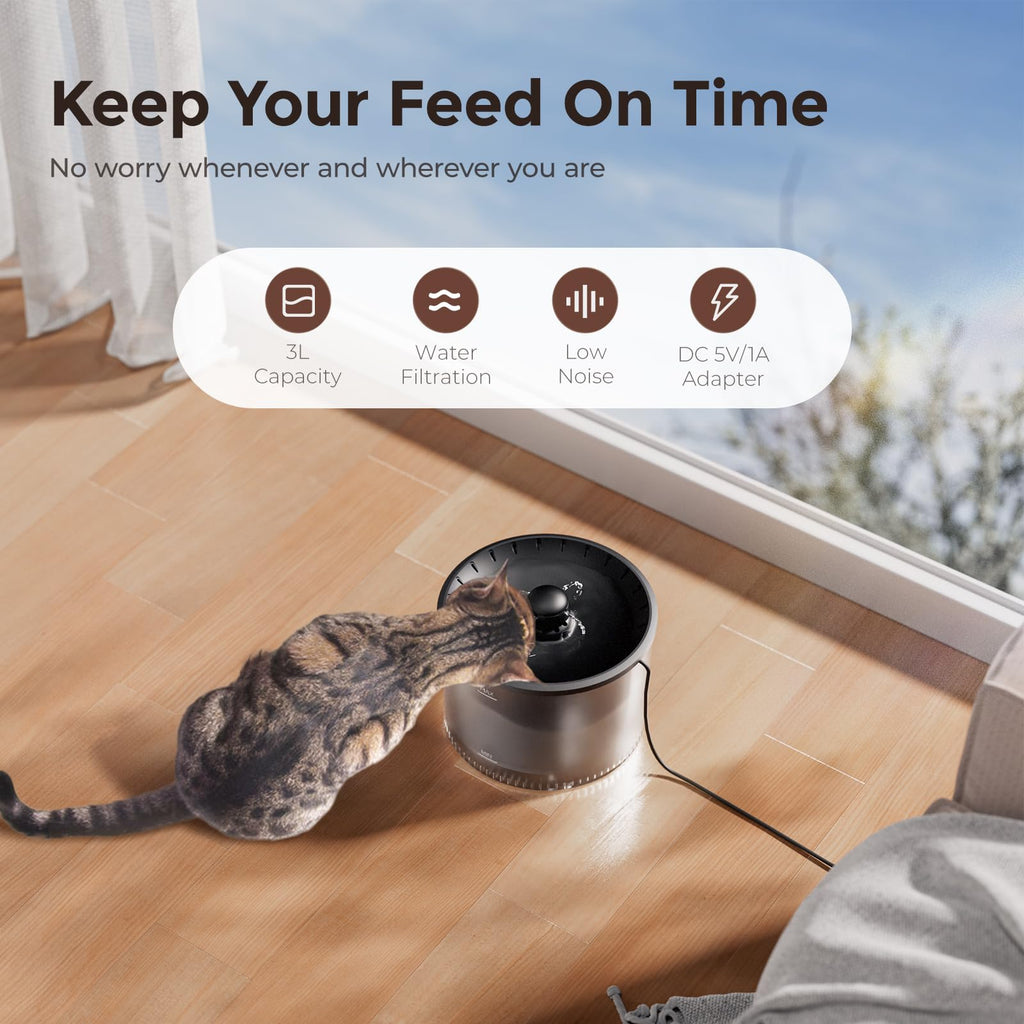 IMIPAW Automatic Cat Feeder and Water Fountain, Timed Dry Food Dispenser, Programmable Portion Control, 1-6 Meals Per Day, Desiccant Bag, Cat Fountains for Drinking with Filter, Small Pets (3L Combo)