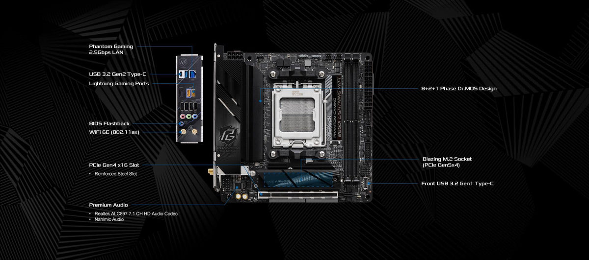 ASRock B650I Lightning WiFi AMD AM5 Mini-ITX Motherboard, Supports AMD Ryzen 9000/8000/7000 Series Processors, DDR5 7200+ (OC), PCIe 5.0 M.2, 2.5G LAN, WiFi 6E, 8+2+1 Power Phase