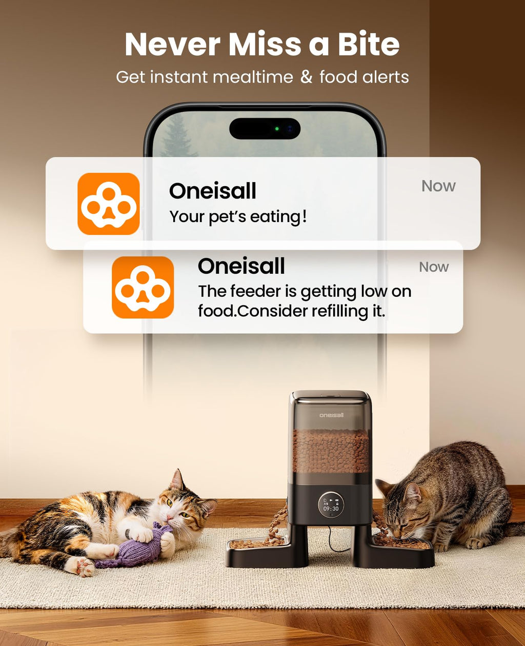 oneisall Automatic Cat Feeder with Camera for 2 Cats Pets, 20 Cups/5L
