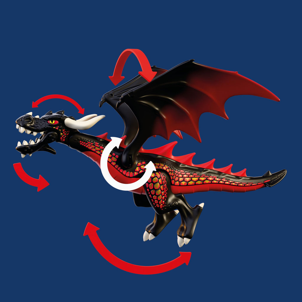 Playmobil | Knights | Black Dragon | Large Fire‑Breathing Dragon with Firing Function and Knight | Dragon Toy for Children Aged 4+ | 72114