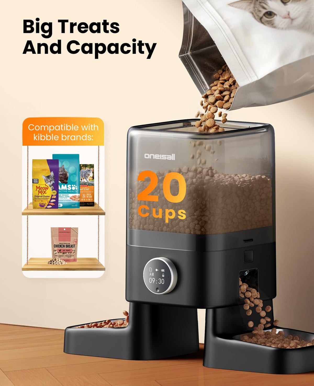 oneisall Automatic Cat Feeder with Camera for 2 Cats Pets, 20 Cups/5L