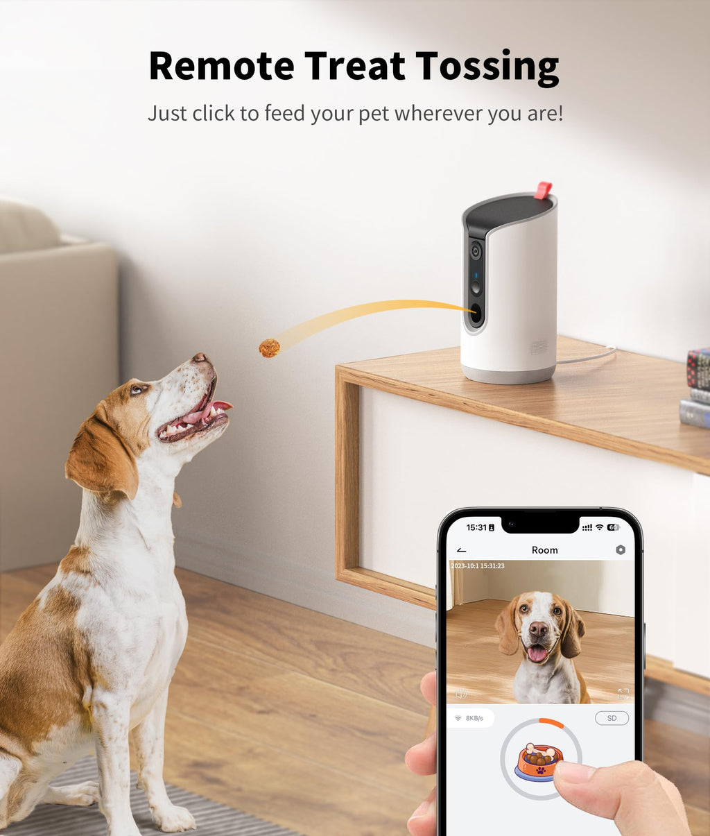 TKENPRO 2K Pet Camera Treat Dispenser, 360°View Dog Camera with Phone App, 5G&2.4G WiFi 2-Way Talk Pet Cam Indoor for Cats Remote Treat Tossing, Motion Alerts, Auto Tracking