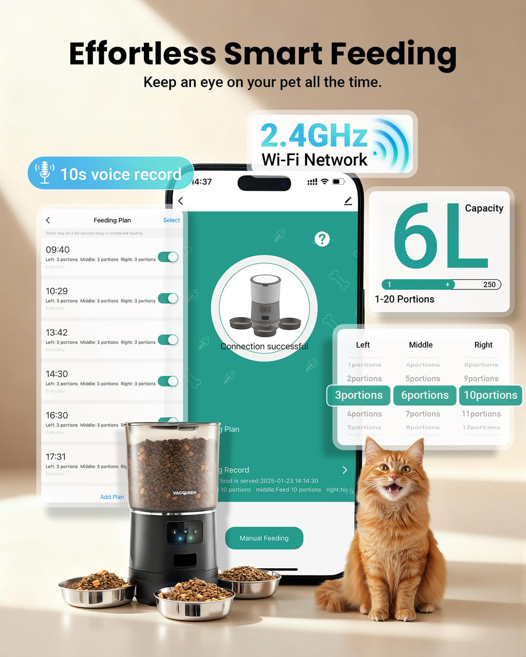 Automatic Cat Feeder for 3 Cats with WiFi Control, Anti-Jam System, 6L
