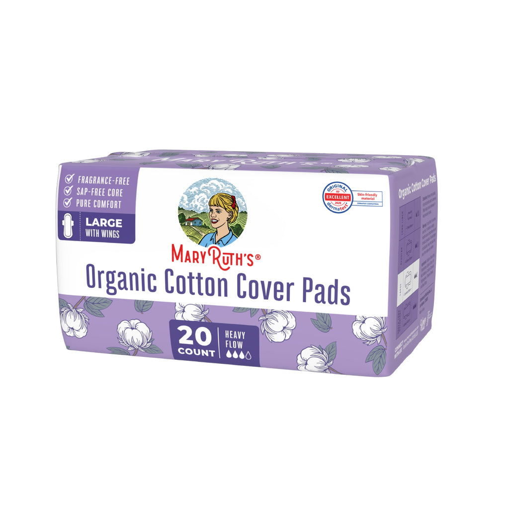 MaryRuth's Organic Cotton Cover Pads with Wings, Large, Unscented, Elemental Chlorine Free, OCS Certified Cotton, SAP-Free Core, 20 Count