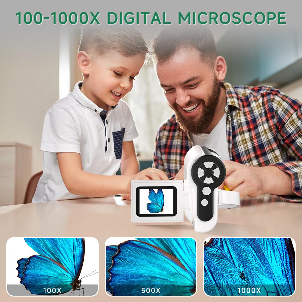 Microscope for Kids, [3-in-1] 1000X Handheld Mini Scope with 2" LCD Screen, Portable Miniscope for Kids 8-12 Halloween Christmas Birthday Edu Gifts, 32GB TF Card Included