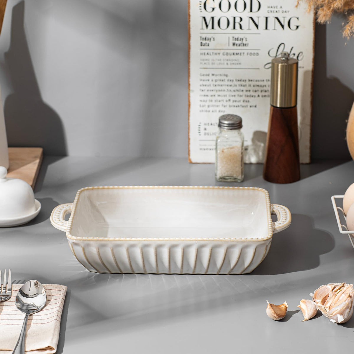 Feenmai Casserole Dish for Oven, Ceramic Baking Dishes Set, Vintage Hobnail Bakeware Sets of 3, Rectangular Baking Pan, Deep Lasagna Pan with Handle for Cake, Wedding Kitchen Gift, 13.77“/11.6"/8.85"