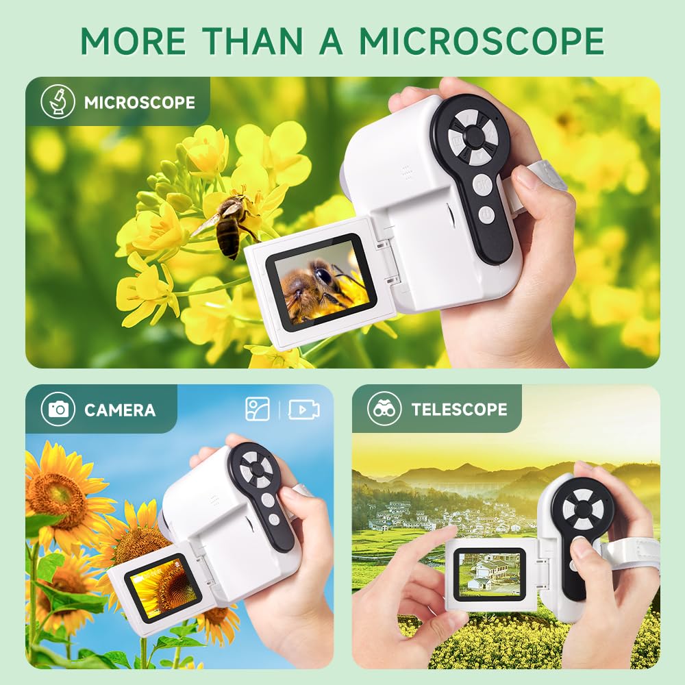 Microscope for Kids, [3-in-1] 1000X Handheld Mini Scope with 2" LCD Screen, Portable Miniscope for Kids 8-12 Halloween Christmas Birthday Edu Gifts, 32GB TF Card Included