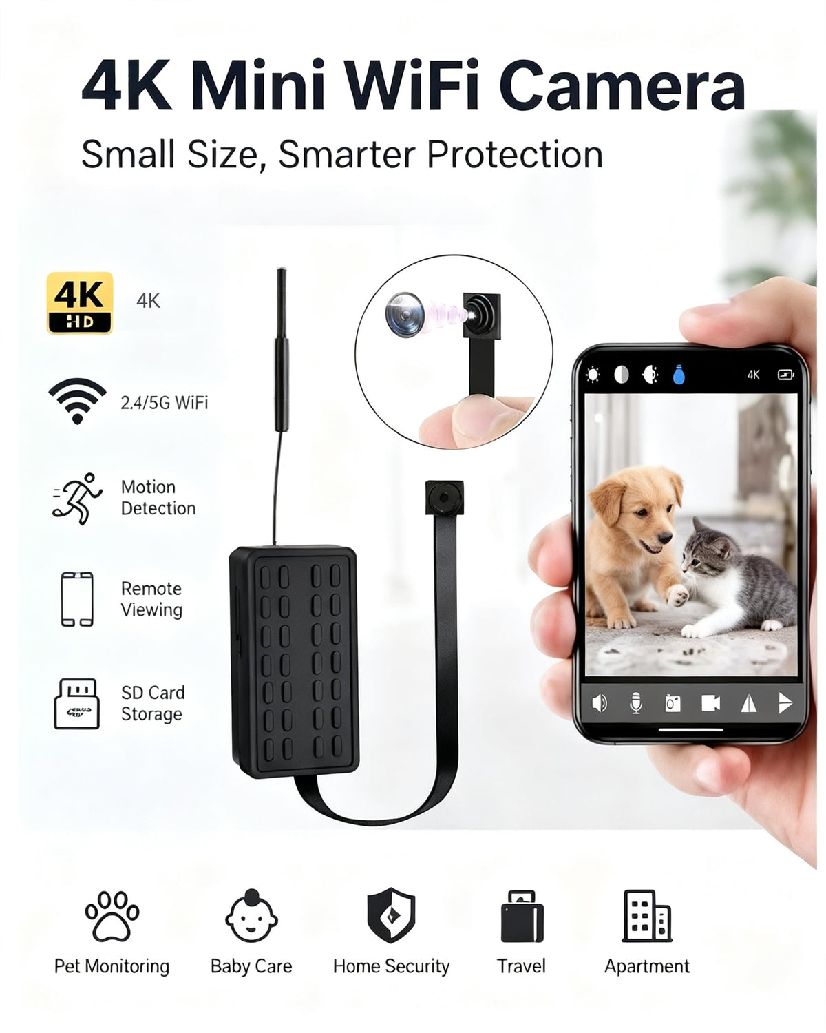 SHQQNM 4K Mini WiFi Camera DIY Module, Dual-Band 2.4G/5G Wireless Security Camera, Tiny Nanny Cam with Motion Detection, Remote Viewing, SD Card Storage for Home, Pet, Office Monitoring